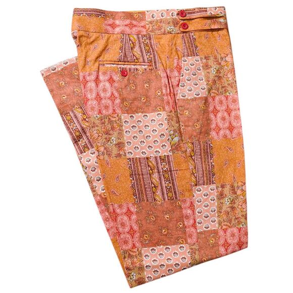 Mens 36 Gurkha Pants Orange Patchwork Floral Flat Front Straight Fit Trousers - Picture 1 of 8